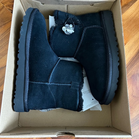 UGG Mini Bailey Button Gem Swarovski Crystal Black Suede Boots size 37, … - Picture 3 of 15